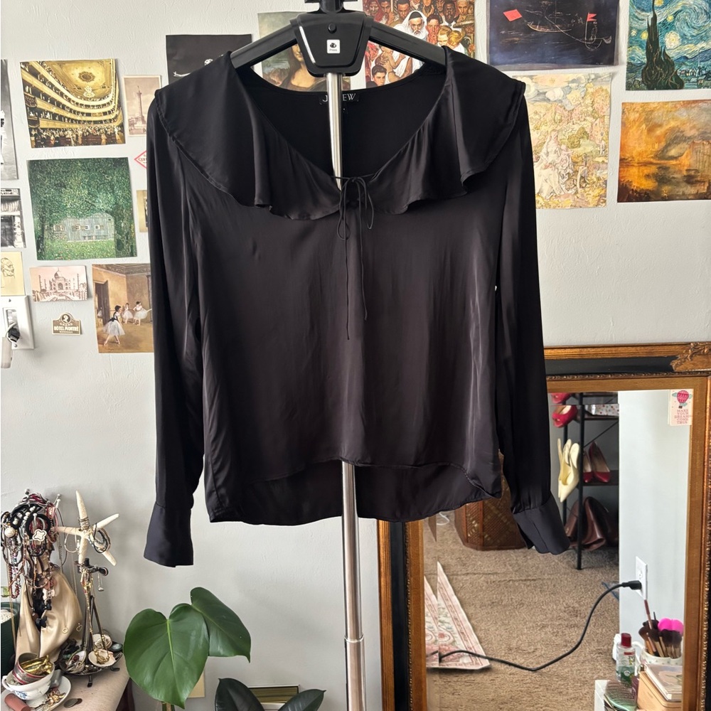 J. Crew Black Ruffle Tie-Neck Long Sleeve Blouse